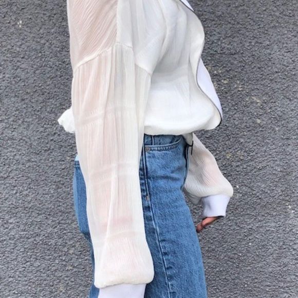 🤍 SUPERFINE Sheer White Ruffled Bomber Jacket - Picture 9 of 14